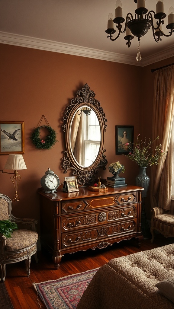 Cozy vintage brown bedroom with wooden dresser and ornate mirror.