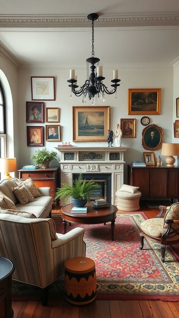 A vintage-inspired living room featuring classic furniture, artwork, and decor.