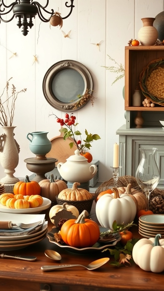 A beautifully set table with vintage decor, featuring various pumpkins, elegant dishes, and warm lighting.