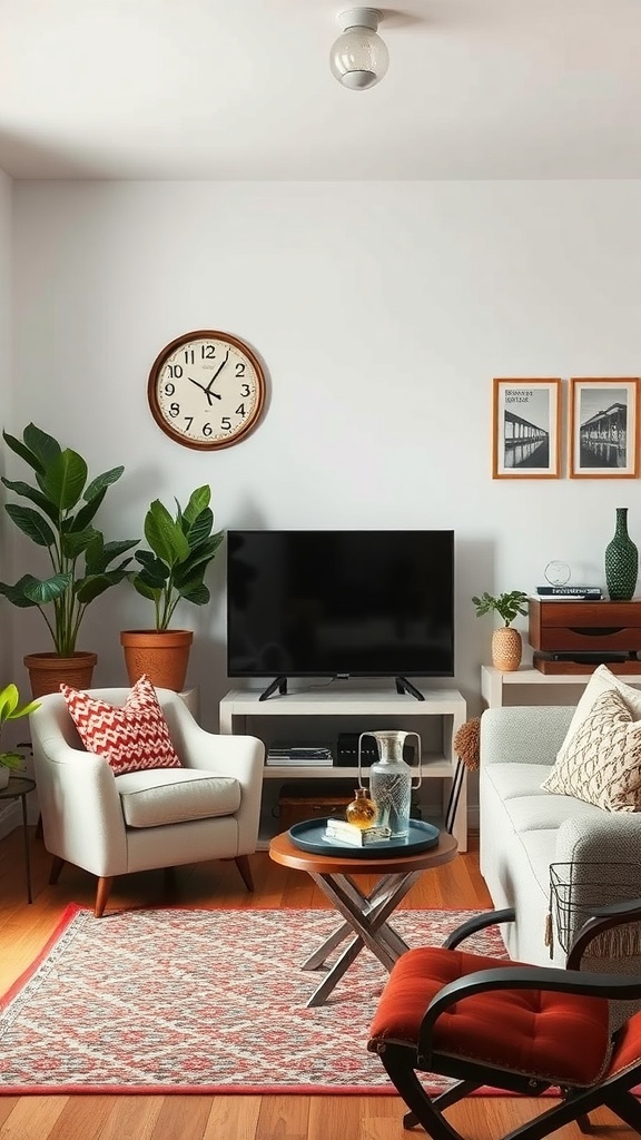 A cozy living room featuring vintage accents like a retro clock and classic armchair.