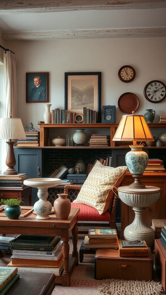 A cozy cottage living room filled with vintage accessories, books, and decorative items.
