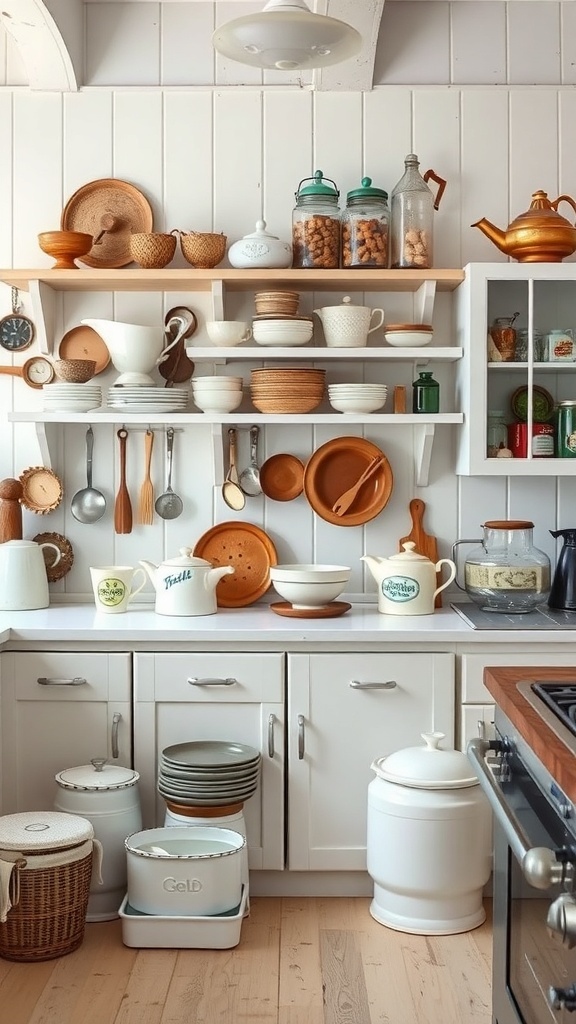 A cozy white farmhouse kitchen featuring vintage accessories like wooden bowls, teapots, and jars on shelves.