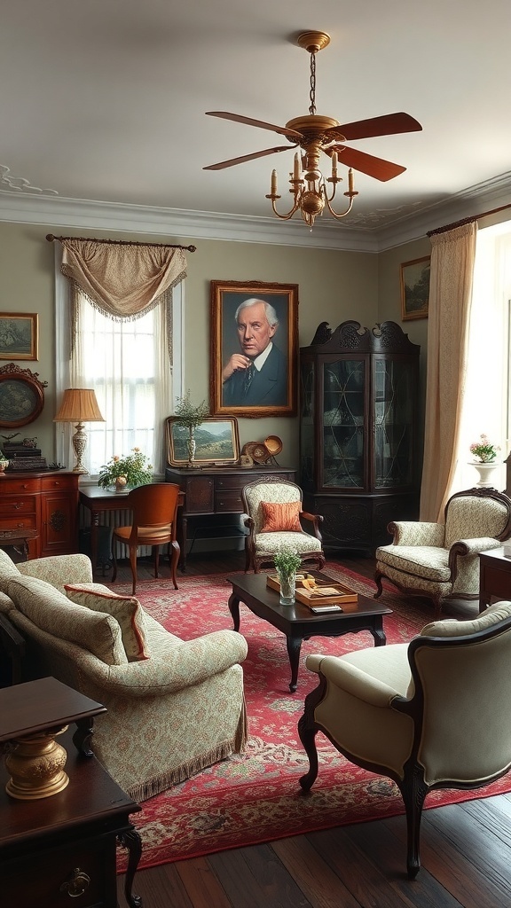 Cozy vintage living room with antique furniture and decor