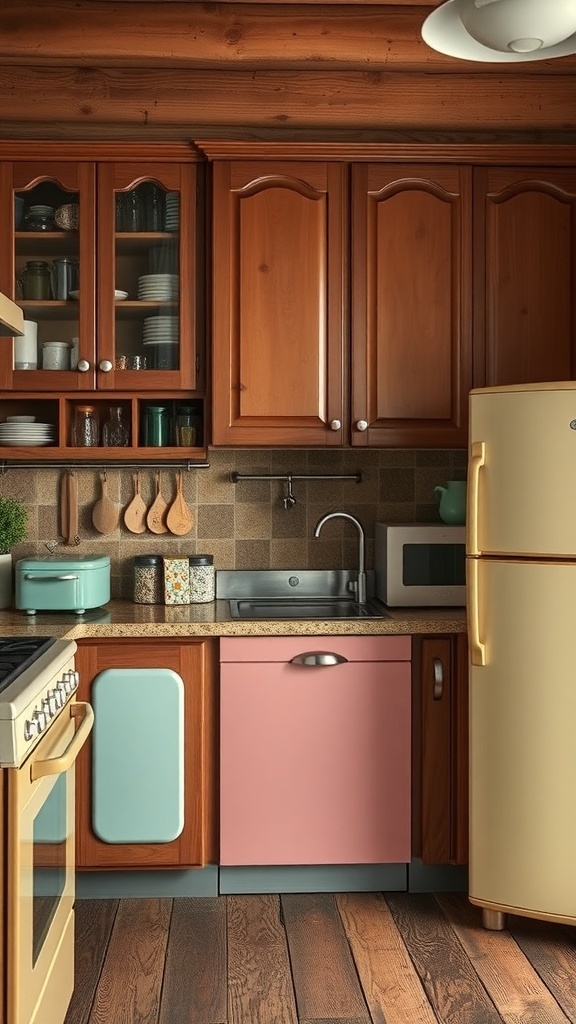 A rustic kitchen featuring vintage appliances in pastel colors.