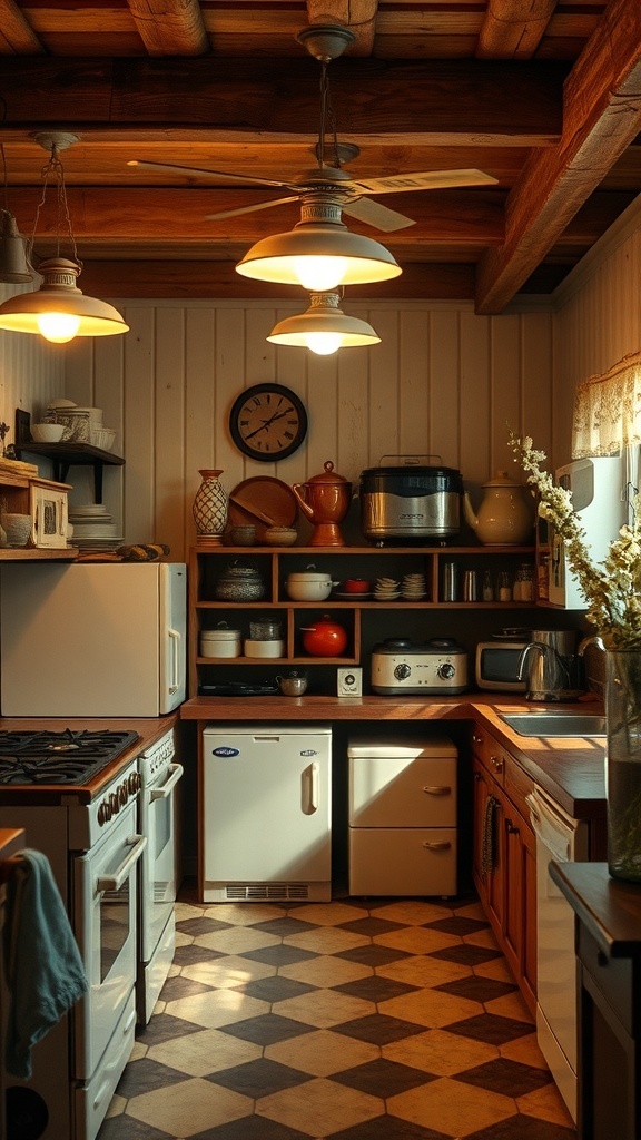 A rustic kitchen featuring vintage appliances and warm lighting.