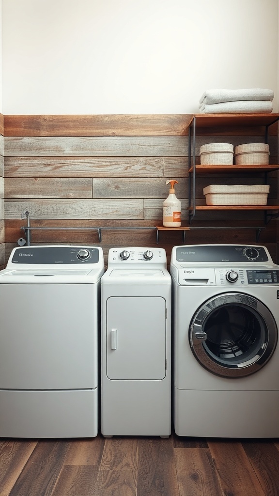 A rustic laundry room featuring vintage appliances and wooden accents.