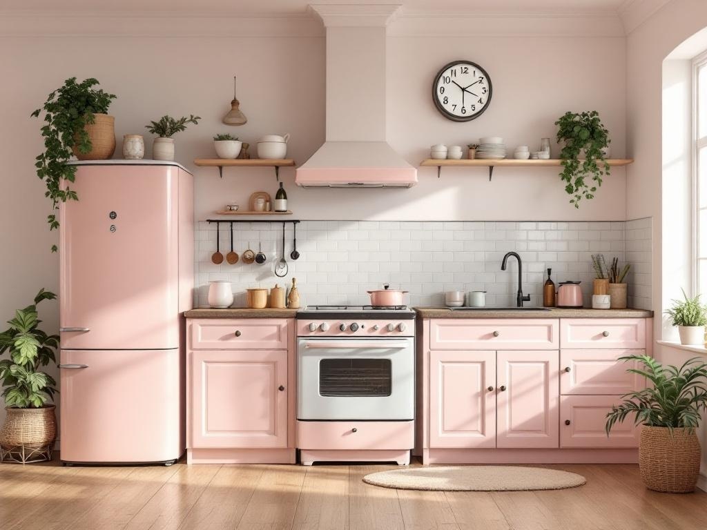 A cozy cottage kitchen with vintage pink appliances, open shelves, and plants.