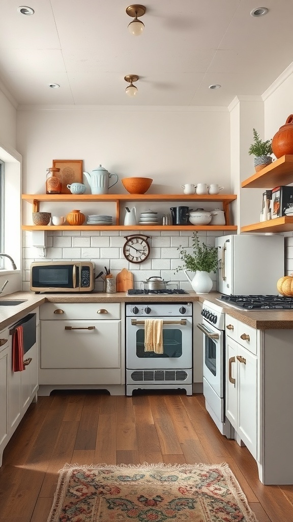 A cozy farmhouse kitchen featuring vintage appliances, open shelving with colorful dishware, and warm wooden accents.