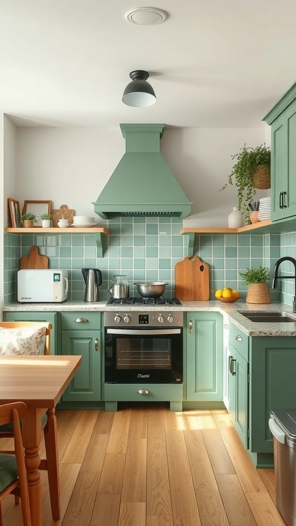 A green farmhouse kitchen featuring vintage appliances and modern design elements.