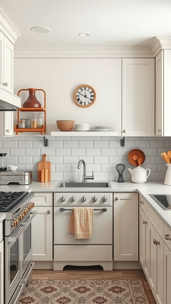 A cozy farmhouse kitchen featuring vintage appliances and modern design elements.