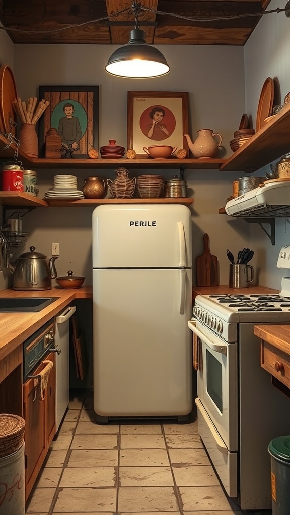 A small rustic kitchen featuring a vintage yellow fridge and a stove.
