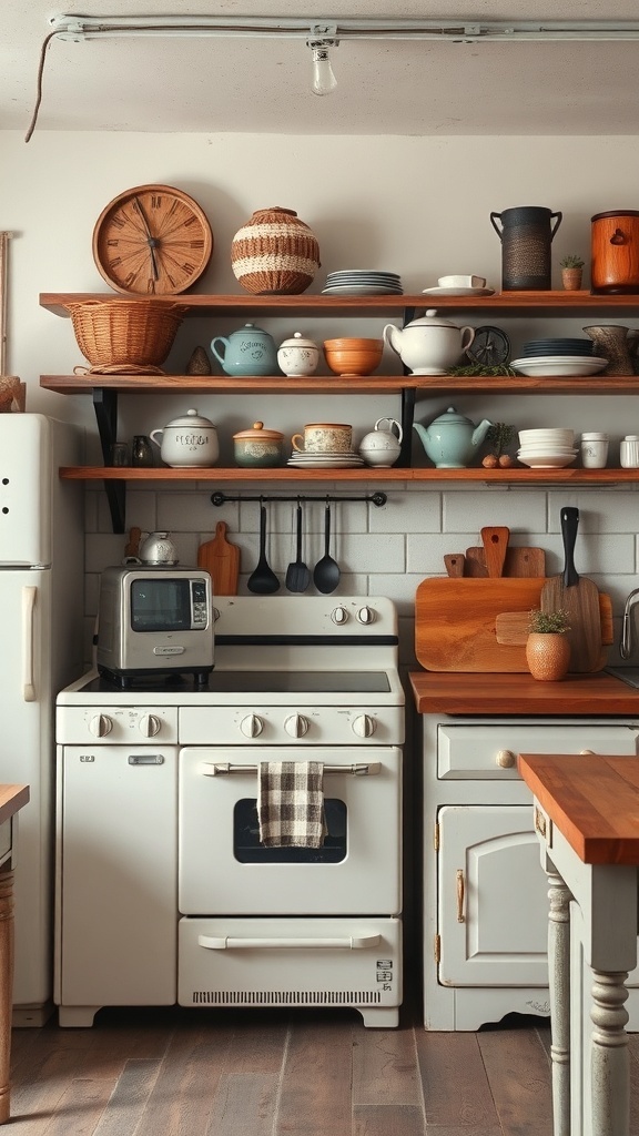 A rustic farmhouse kitchen featuring vintage appliances, wooden shelves, and decorative dishware.