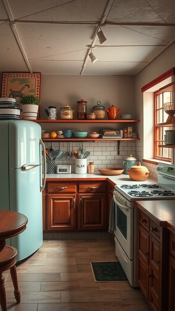 A rustic kitchen featuring vintage appliances and wooden cabinets.