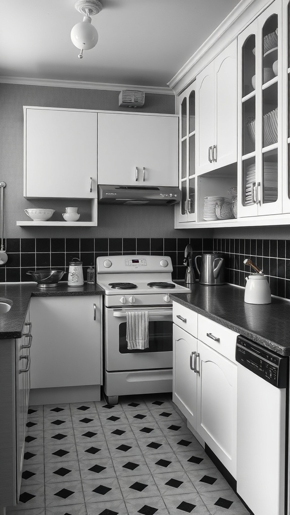 A black and white farmhouse kitchen featuring vintage appliances and modern touches.