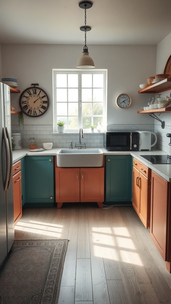 A vintage farmhouse kitchen featuring colorful cabinets and retro appliances.