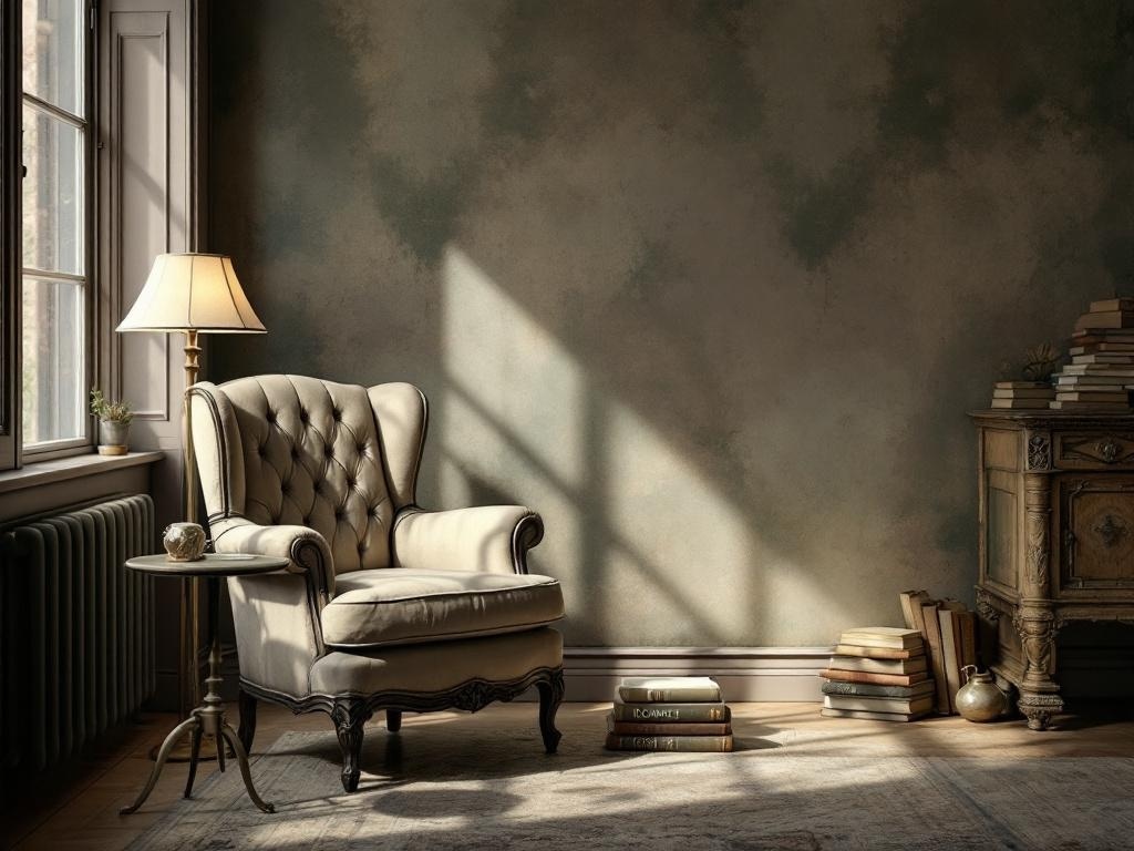 A vintage armchair with a side table and lamp in a cozy reading nook