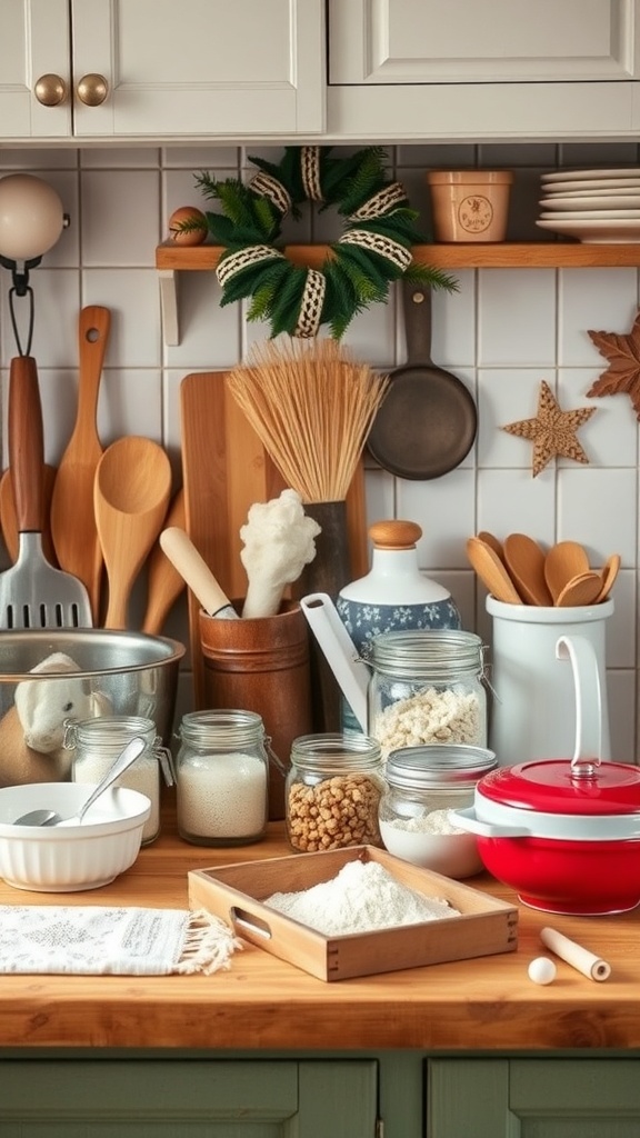 A cozy farmhouse kitchen with vintage baking tools and ingredients on the countertop.