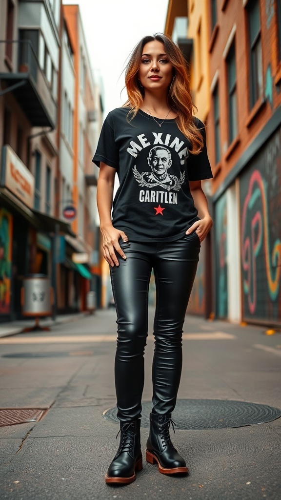 A woman wearing a vintage band tee and leather pants, standing confidently in an urban setting.