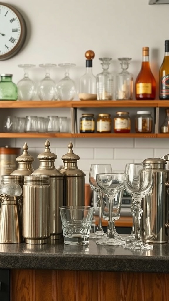 A stylish kitchen bar featuring vintage bar accessories, including metallic cocktail shakers, elegant glassware, and organized jars on shelves.