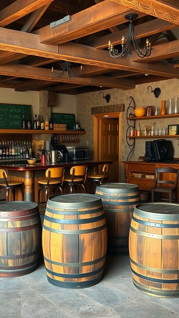 Interior of a rustic bar featuring vintage barrel furniture