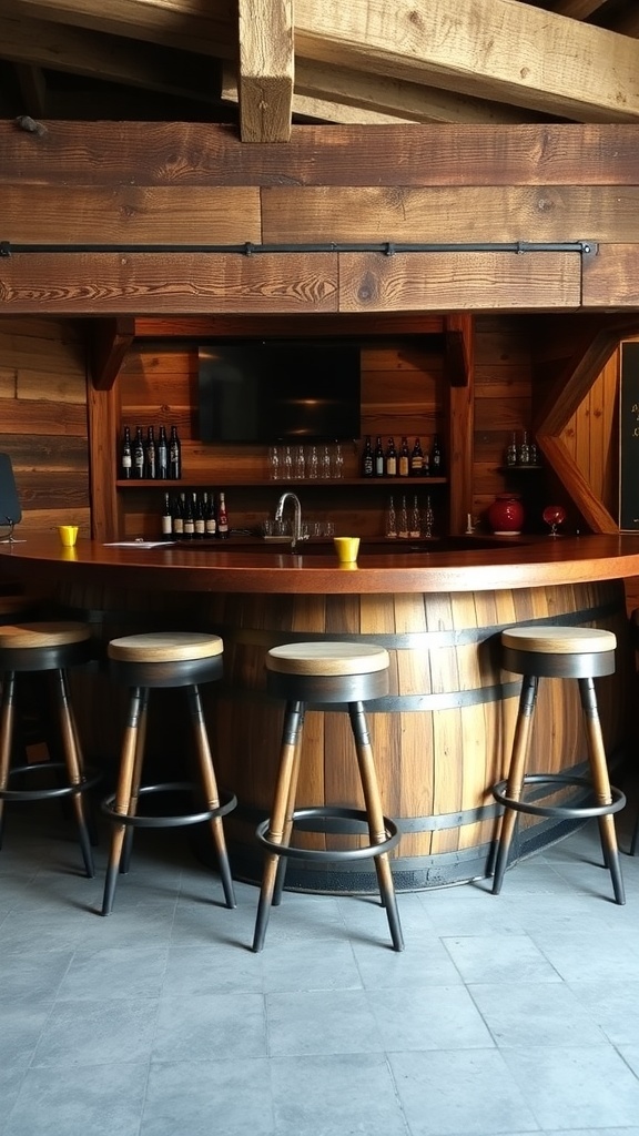 A rustic bar with vintage barrel stools and wooden decor.