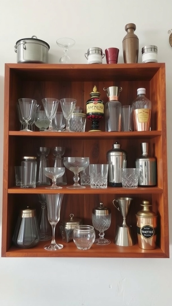 A wooden shelf filled with various vintage barware including glasses, shakers, and decorative bottles.