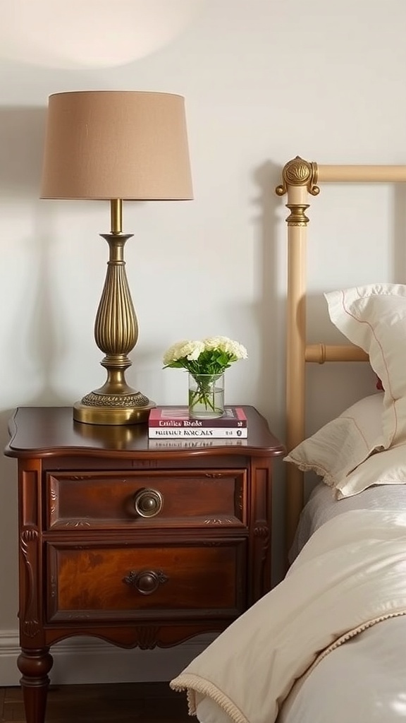 A vintage bedside table with books, a lamp, and a vase of flowers.