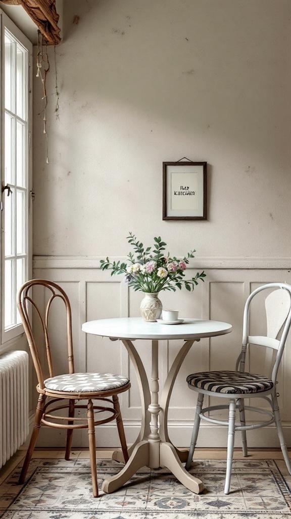 A cozy kitchen nook featuring a vintage bistro table with two chairs and a vase of flowers.