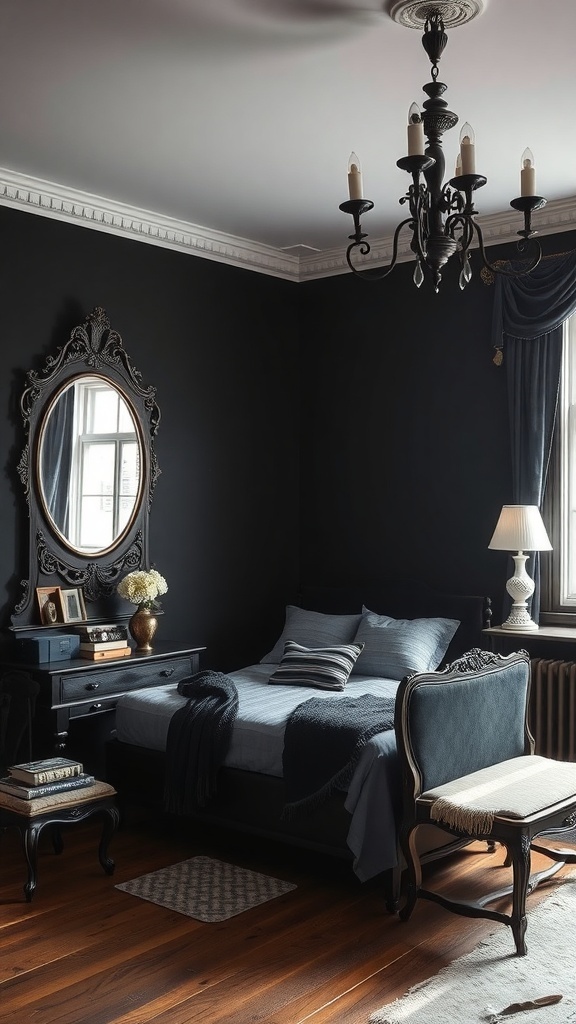 A vintage black bedroom featuring dark walls, a chandelier, and elegant furniture.