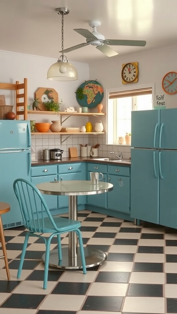 A vintage blue kitchen featuring retro appliances, a round table, and checkerboard flooring.