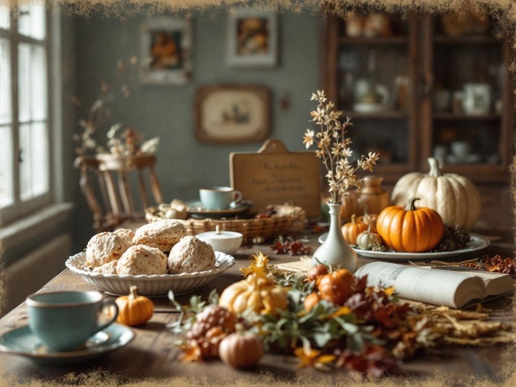 A vintage Thanksgiving table setting with baked goods, pumpkins, and autumn decorations.