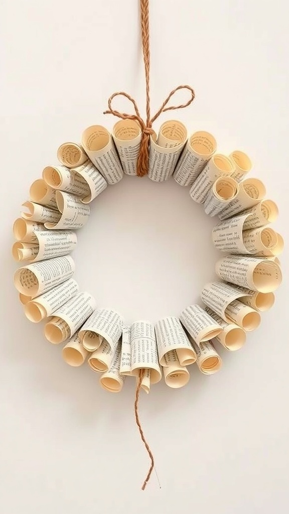 A wreath made from rolled vintage book pages, tied with twine.