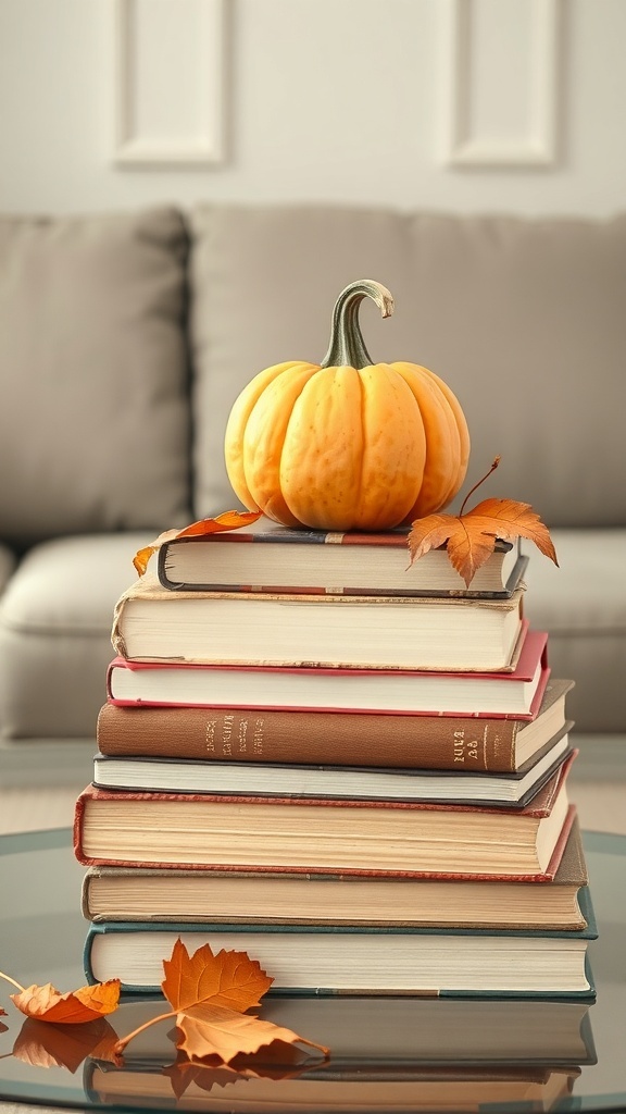 A stack of vintage books topped with a small pumpkin and surrounded by autumn leaves.