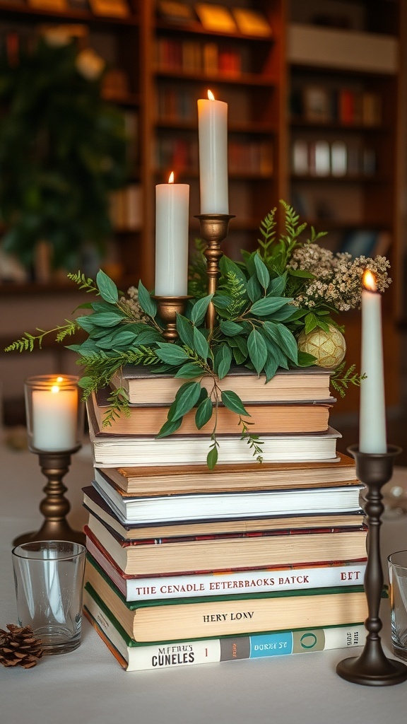 A winter centerpiece featuring stacked vintage books, greenery, and candles.