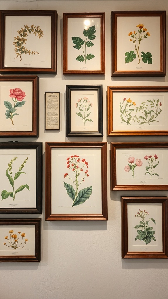 A collection of vintage botanical prints framed and displayed on a wall.