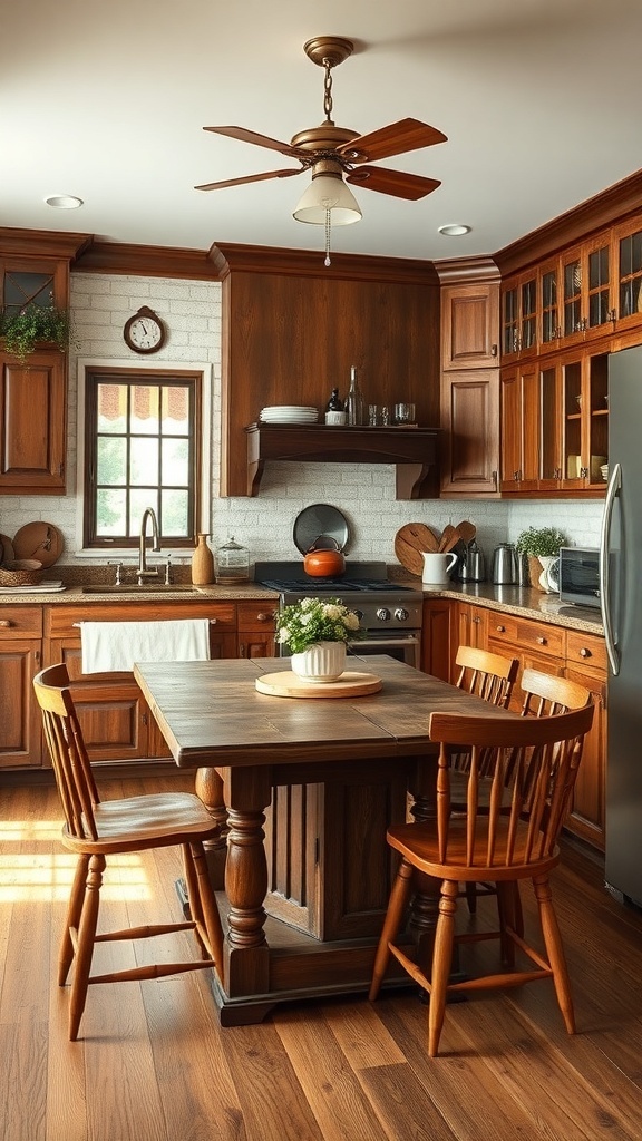 A vintage brown farmhouse style kitchen featuring wooden cabinets, a wooden table with chairs, and warm lighting.