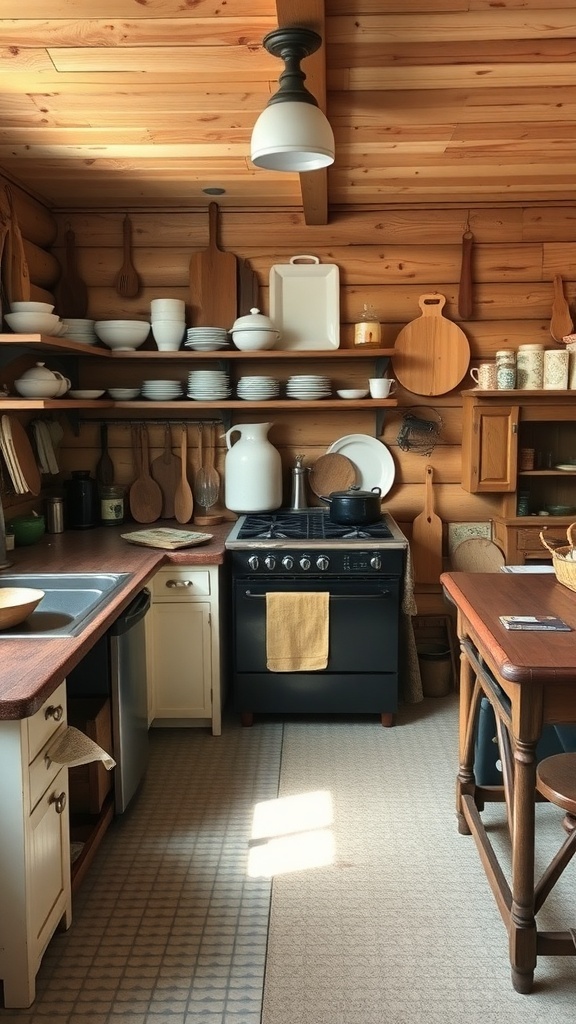 A cozy vintage cabin kitchen with wooden shelves, dishware, and utensils.