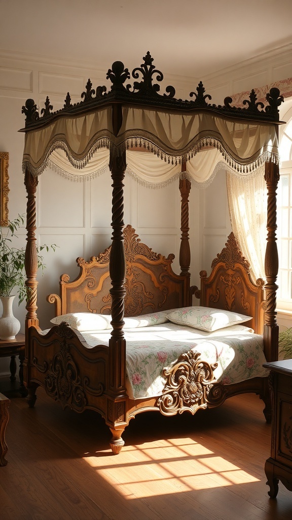 A vintage wooden canopy bed with intricate carvings and soft drapery, showcasing classic elegance.