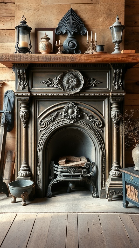 A vintage cast iron fireplace with ornate details and wooden mantel, surrounded by rustic decor.