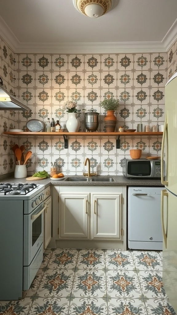 A cozy kitchen with vintage cement tiles on the walls and floor, featuring a soft color palette and modern appliances.