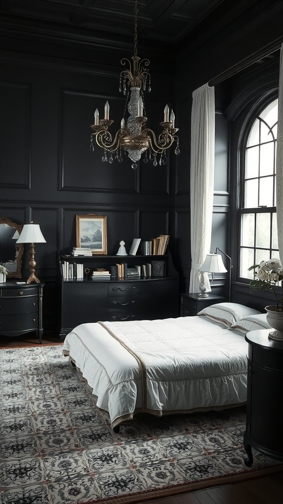 A vintage black and white bedroom featuring dark walls, a white bedspread, and an elegant chandelier.