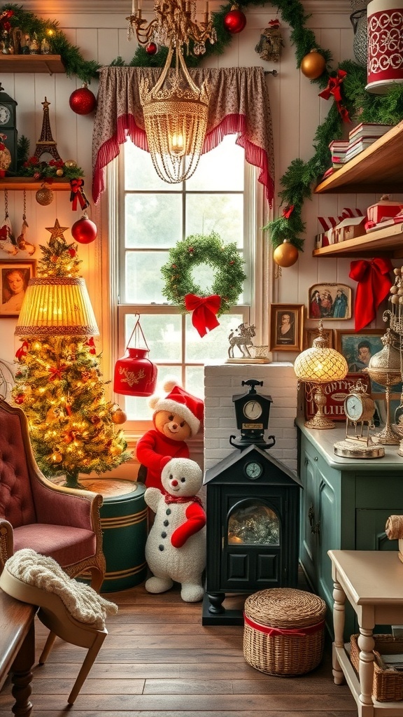A cozy Christmas room decorated with vintage ornaments, a Christmas tree, and festive decor.