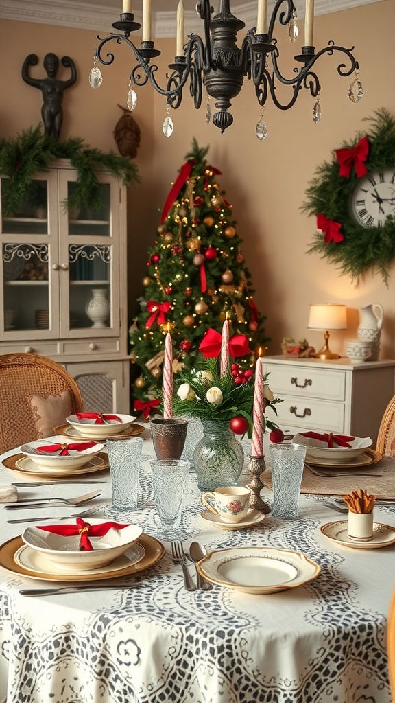 A beautifully set Christmas table featuring antique pieces, with a lace tablecloth, vintage glassware, and festive decorations.