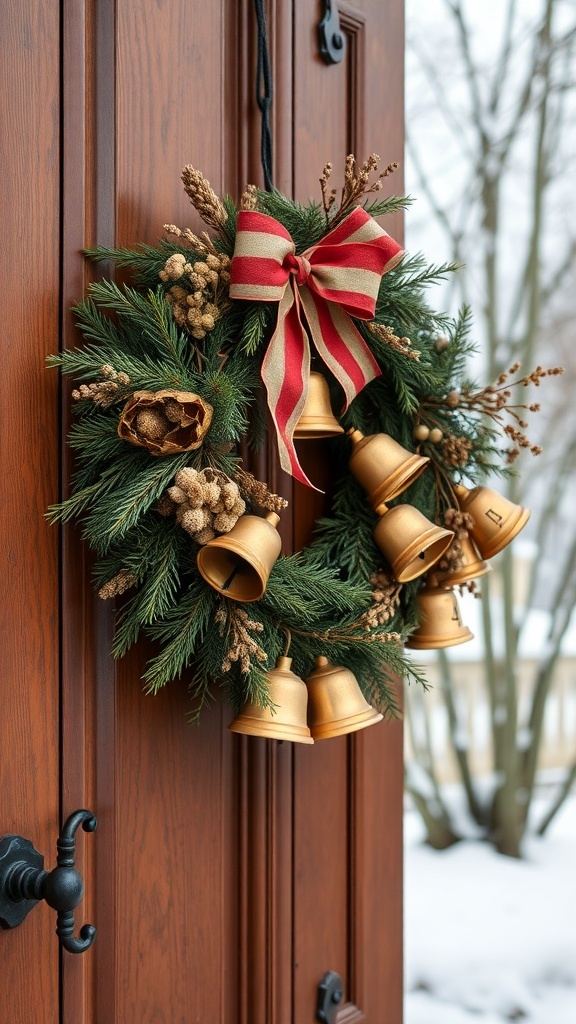 A winter wreath with vintage bells and a red striped bow on a wooden door.