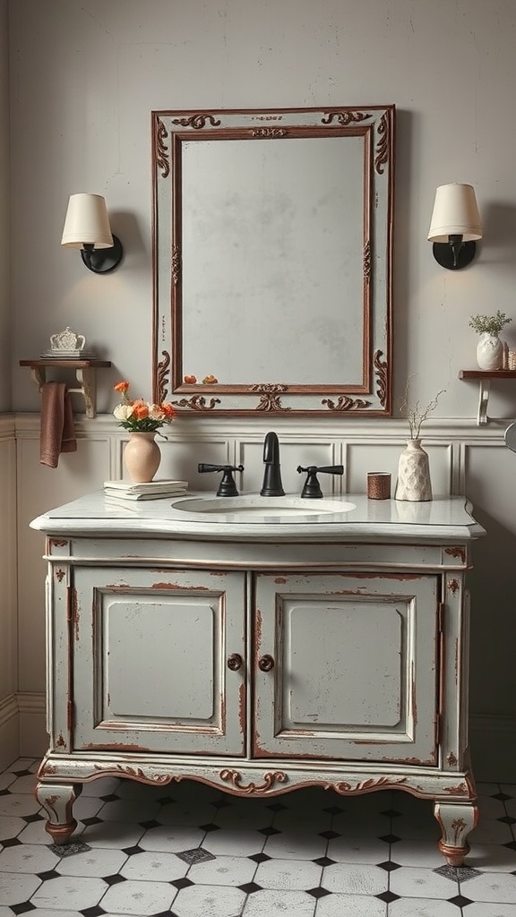 A rustic bathroom vanity with a distressed finish, featuring a marble top and decorative mirror.