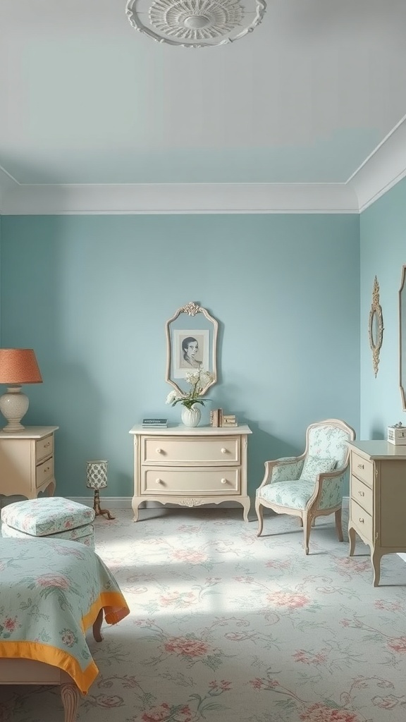 A vintage-inspired light blue bedroom featuring floral patterns and antique furniture.