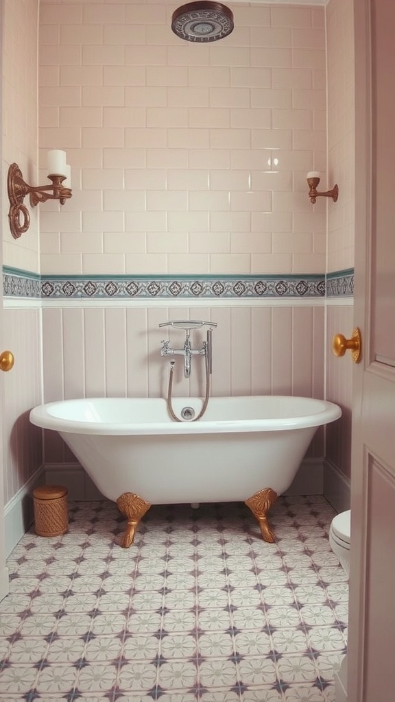 A vintage-inspired bathroom featuring a freestanding tub with golden claw feet, pink tiled walls, and patterned floor tiles.