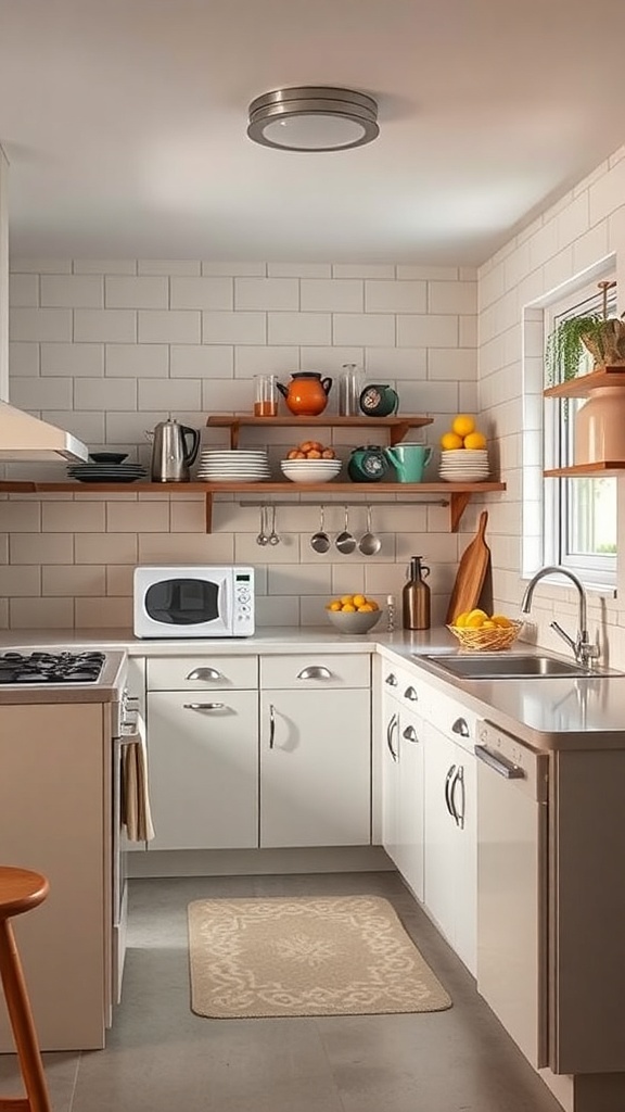 A cozy kitchen featuring open shelving with colorful dishware, modern appliances, and a warm color palette.