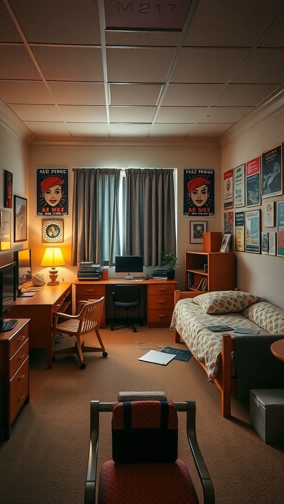 A cozy dorm room with vintage decor, featuring posters on the walls, warm lighting, and wooden furniture.
