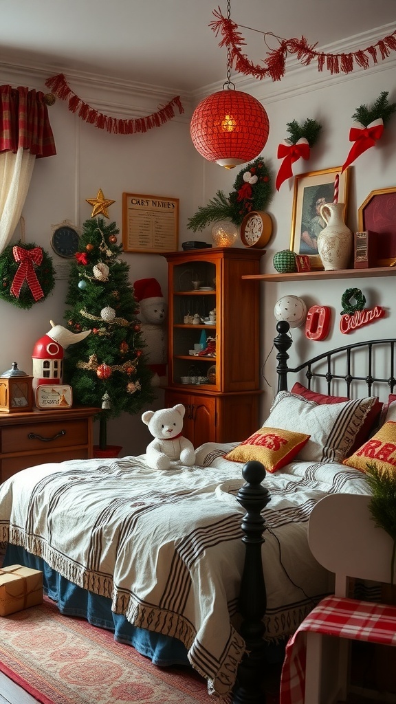 A cozy vintage Christmas bedroom with decorations including a small tree, wreaths, and festive pillows.